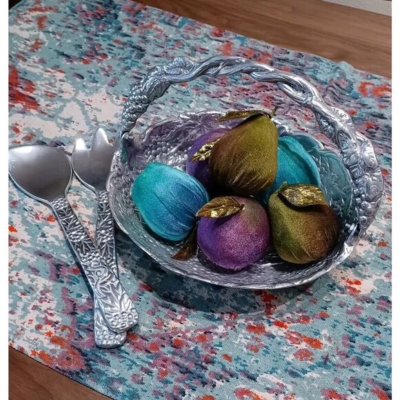 Polished Pewter 12" 3D Grape Vine Basket With Handle and Serving Fork And Spoon - Picture 9 of 9